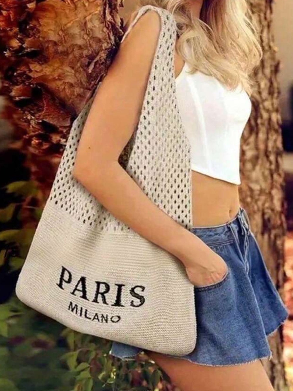 New designer inspired Paris Milano Cream Knit Tote Bag - Casual Shoulder Bag
